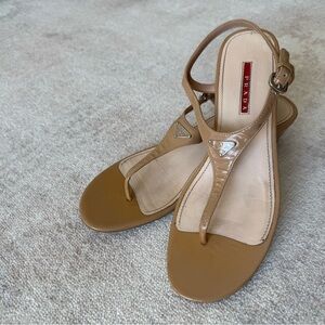 Prada Patent Leather Thong Sandals Nude Slingback Platform